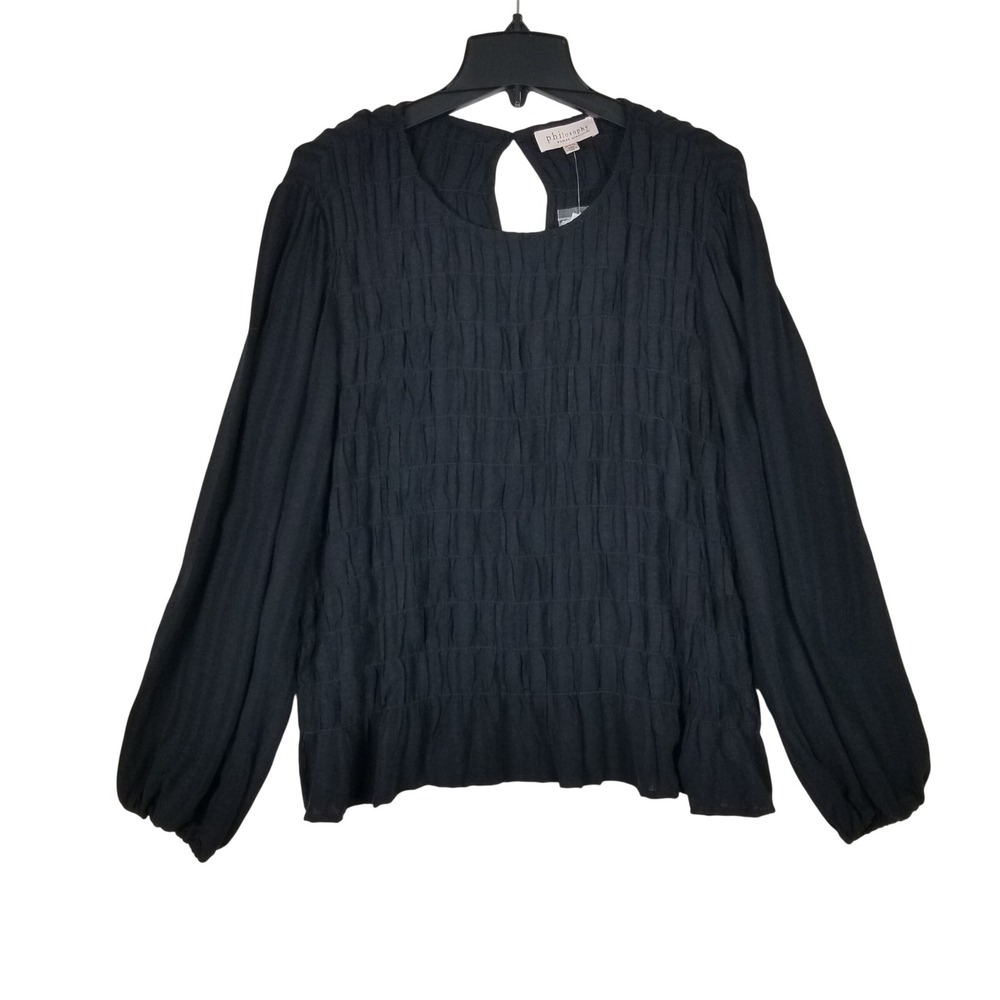 Philosophy Smocked Blouse Women 3X Black Balloon‎ Sleeve Keyhole Rayon Top